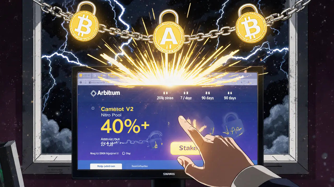A desktop screen shows Nitro Pool yields soaring to 40%+ APY, with golden energy bursting as tokens lock in chains.