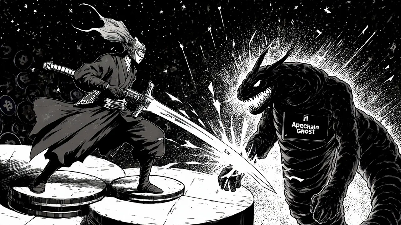 A samurai-like Camelot V2 warrior fights a dissolving ApeChain ghost on a platform of locked liquidity pools.