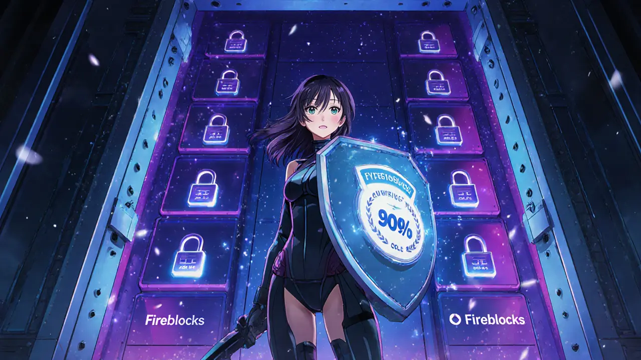 Anime illustration of a high‑tech vault with hardware wallets labeled BitGo and Fireblocks guarded by a heroine.