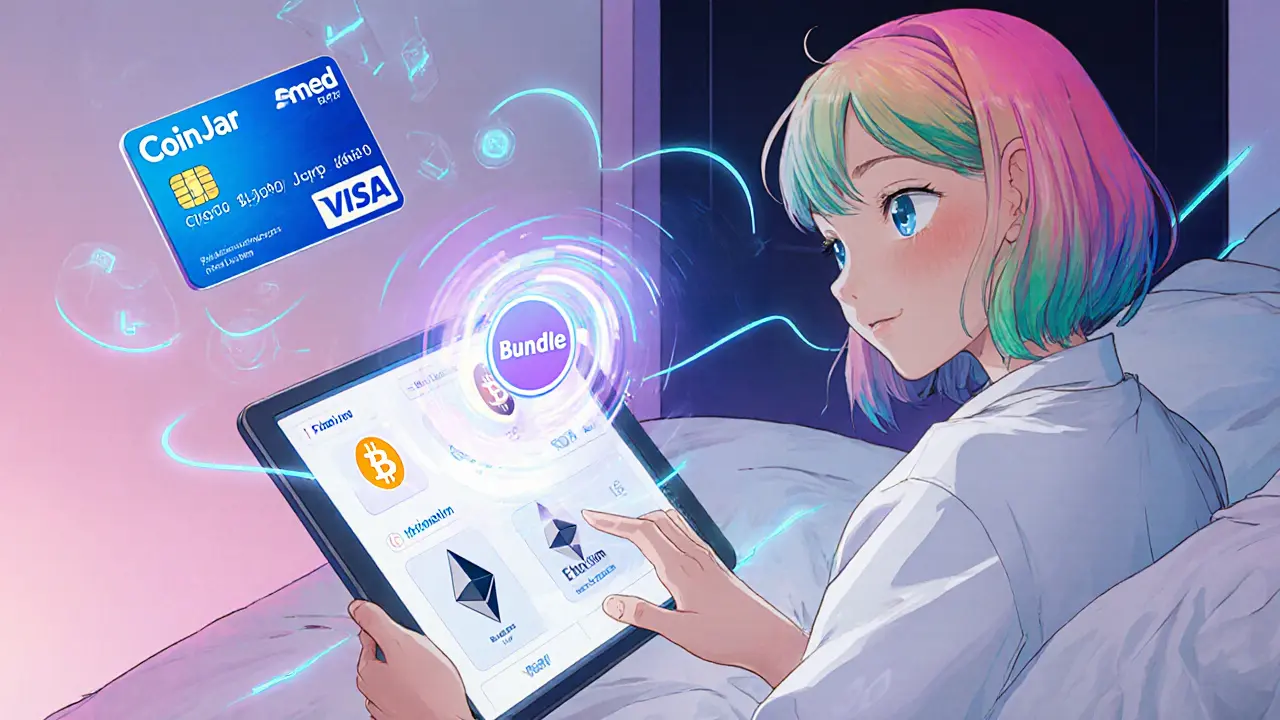 Anime teen using the CoinJar app to buy a crypto bundle, with a CoinJar Mastercard nearby.