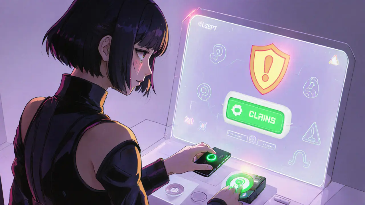 Cyber‑punk heroine claims tokens on a holographic portal with safety shield.