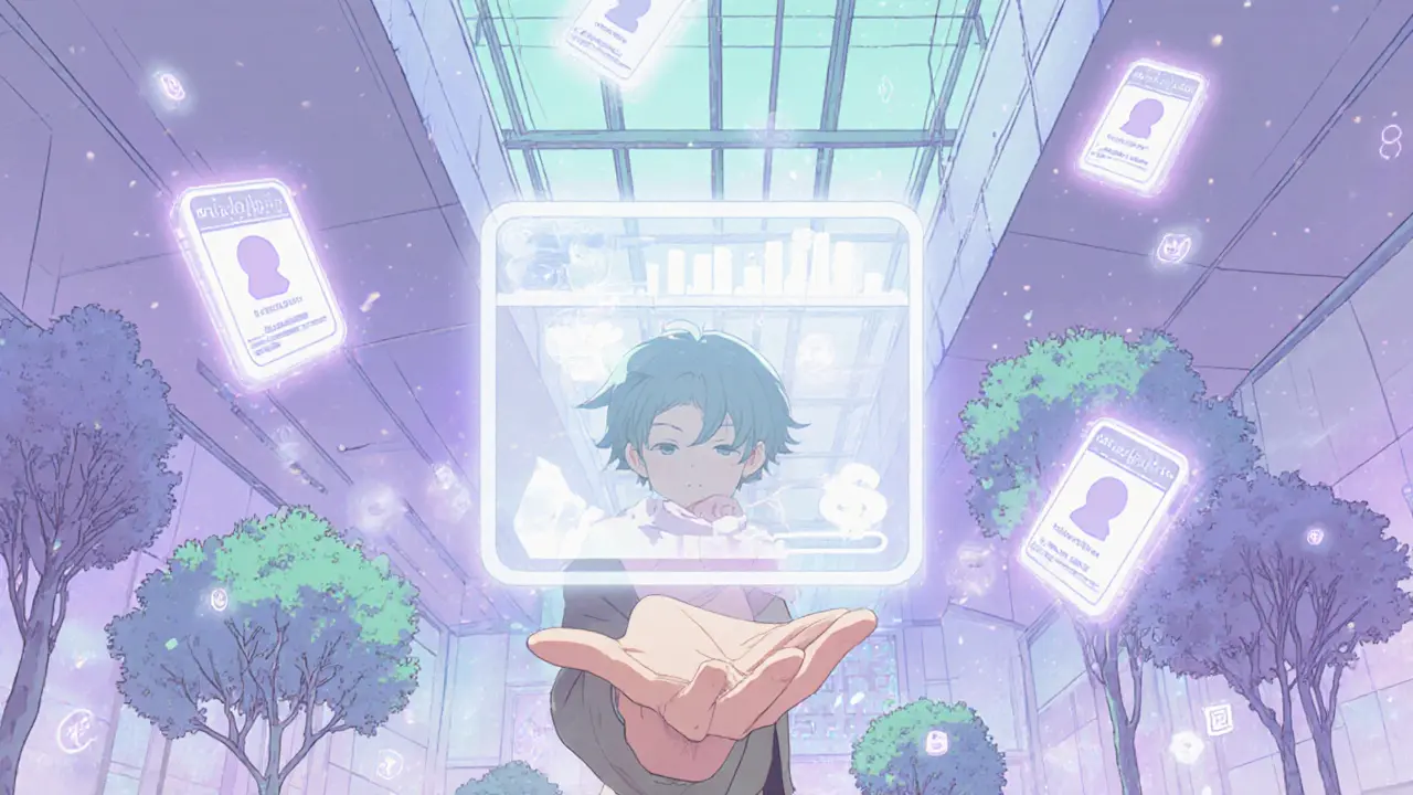 Protagonist holding a glowing digital ID in a futuristic, privacy‑focused environment.