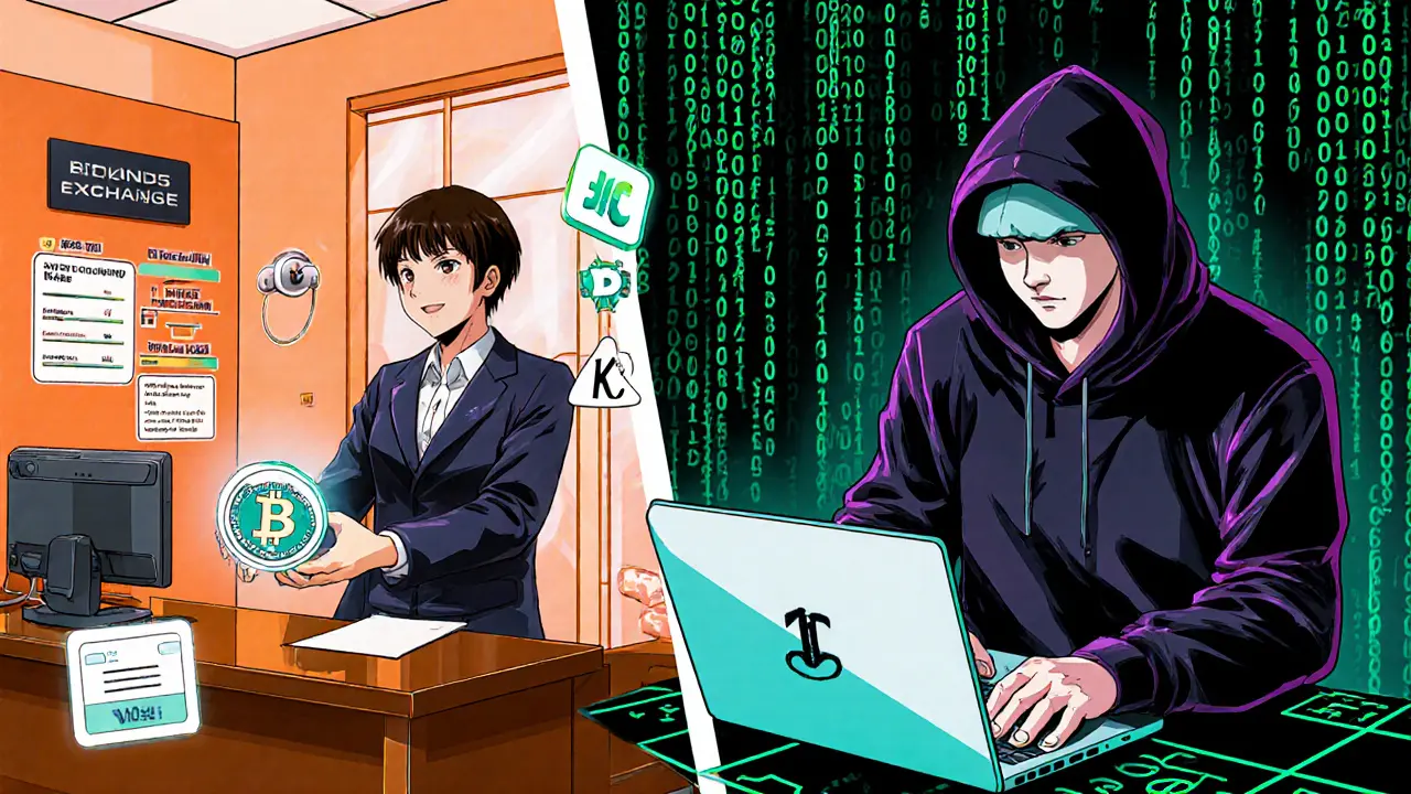 Split scene contrasting a corporate crypto exchange with a decentralized hack setup.