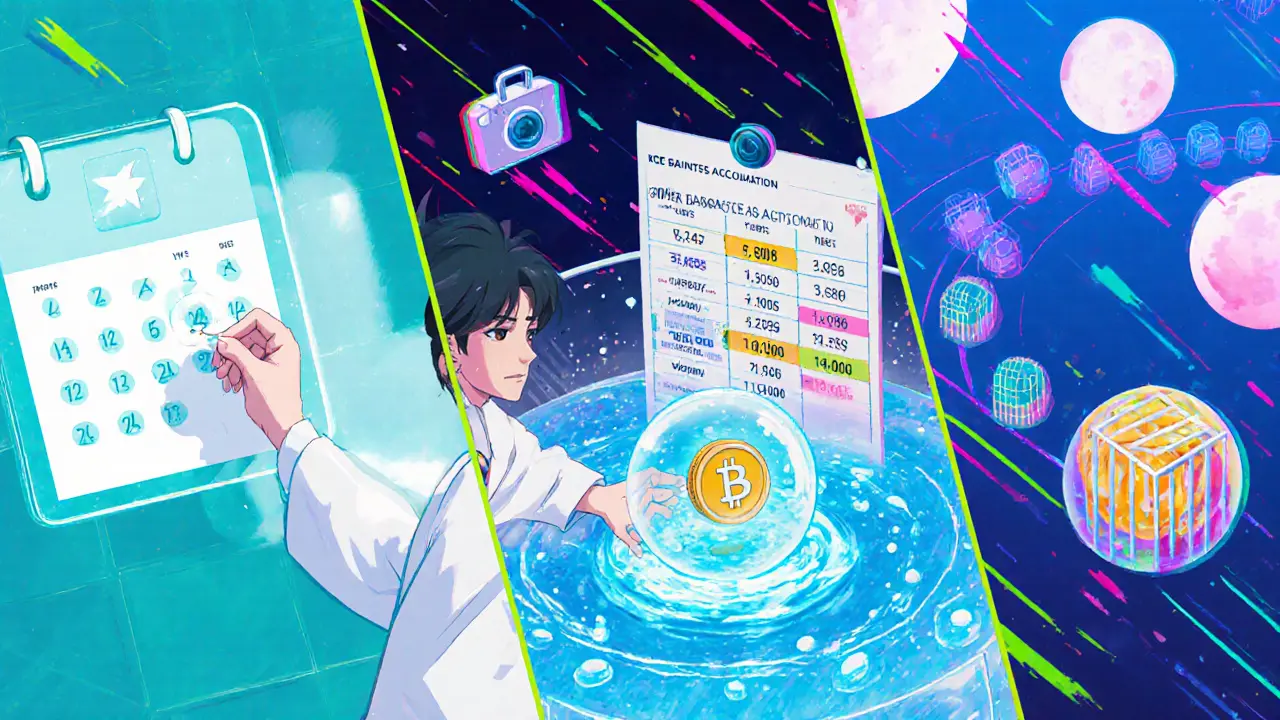 Split‑screen anime showing snapshot, points, TGE, and vesting steps.