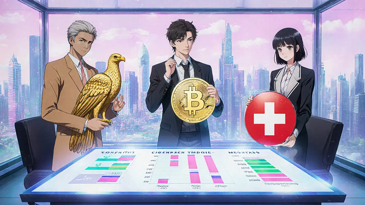 Three anime characters representing UAE, Singapore, and Switzerland with holographic charts.