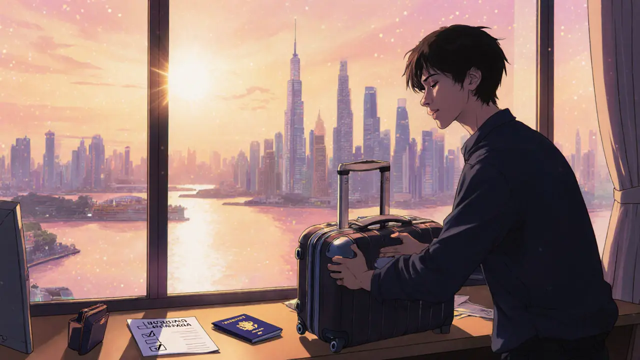 Trader packing suitcase with passport and crypto wallet beside city skyline.
