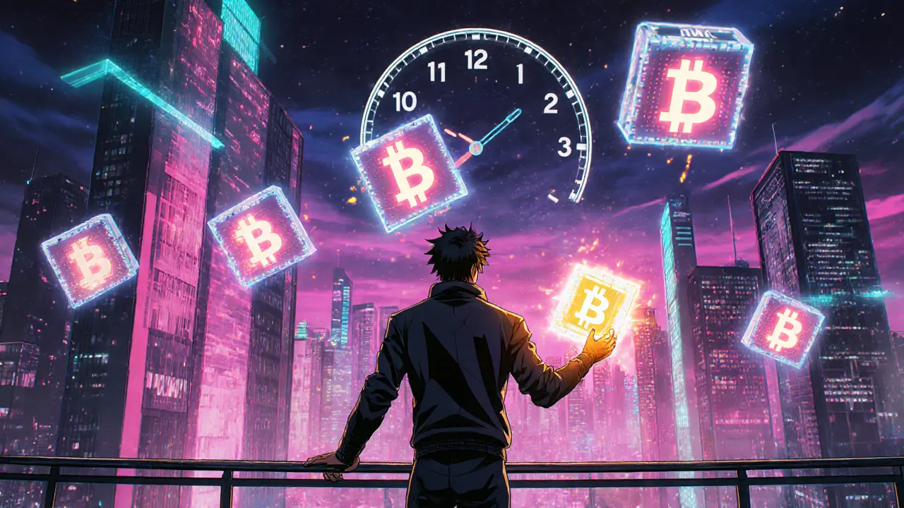90s anime futuristic city with floating blockchain blocks and a hero holding a glowing ASIC.