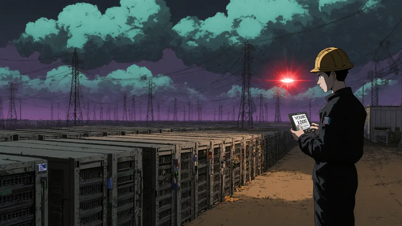 90s anime scene of a Chinese mining farm shutting down, miner watching a block countdown.