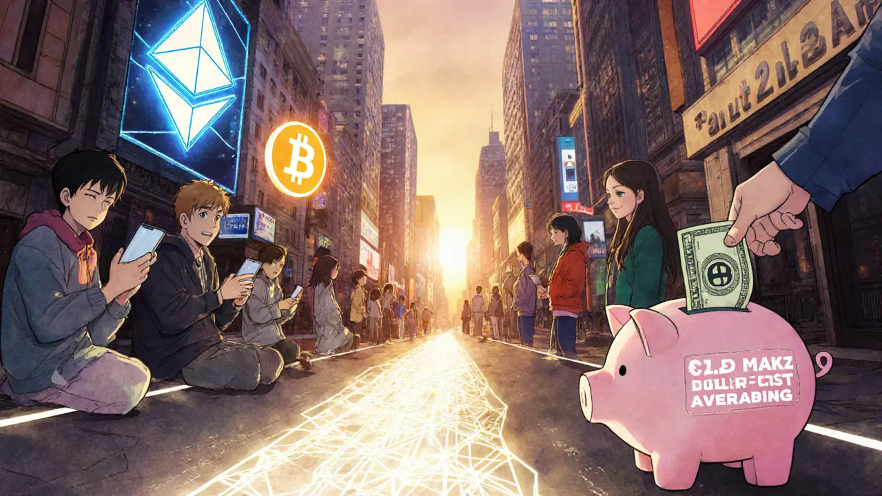 A futuristic city with floating crypto symbols and people buying crypto, a child putting money in a savings bank labeled &#039;DCA.&#039;