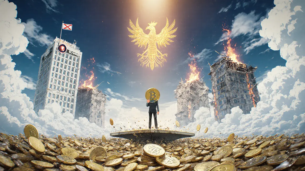 A lone figure stands on a floating platform with a single BC token as a crumbling casino tower rises in the distance.