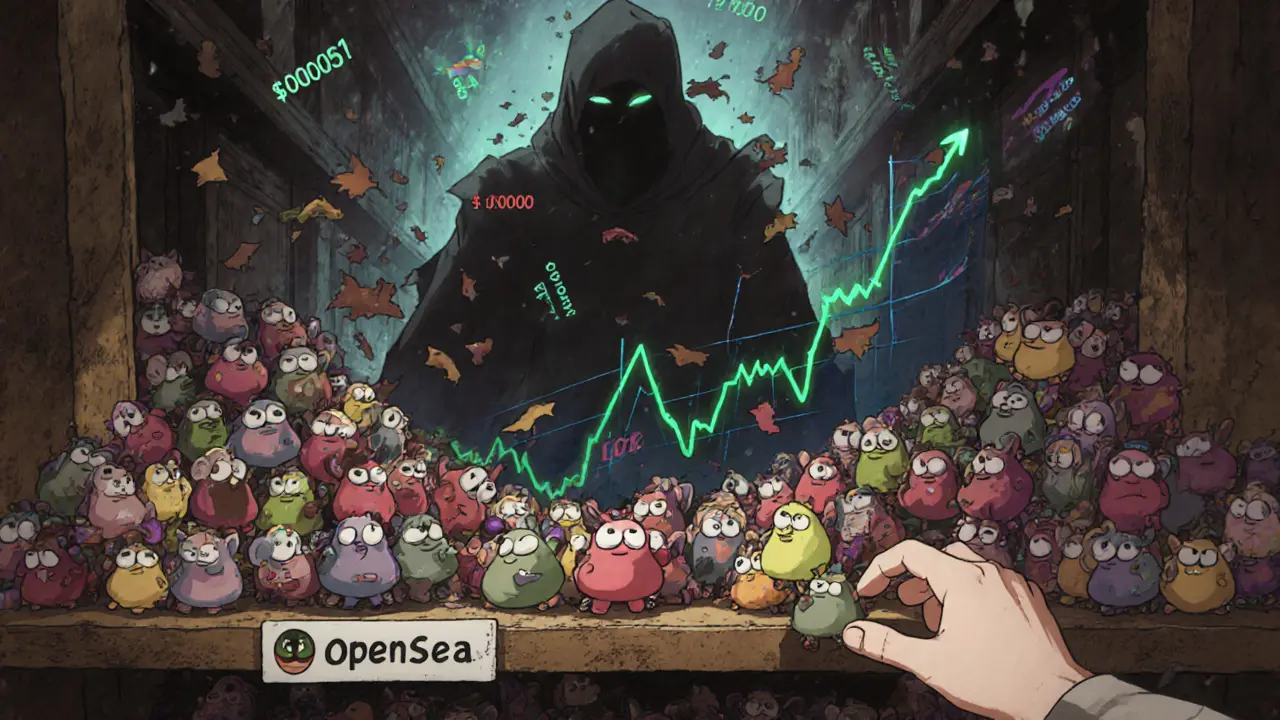 A lonely player reaches for a Gooey NFT on a dusty shelf, while a crashing graph looms behind them in a surreal marketplace.