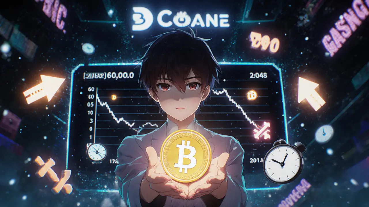 A young character holds a BC token as staking rewards float around them, with a corporate logo looming behind.