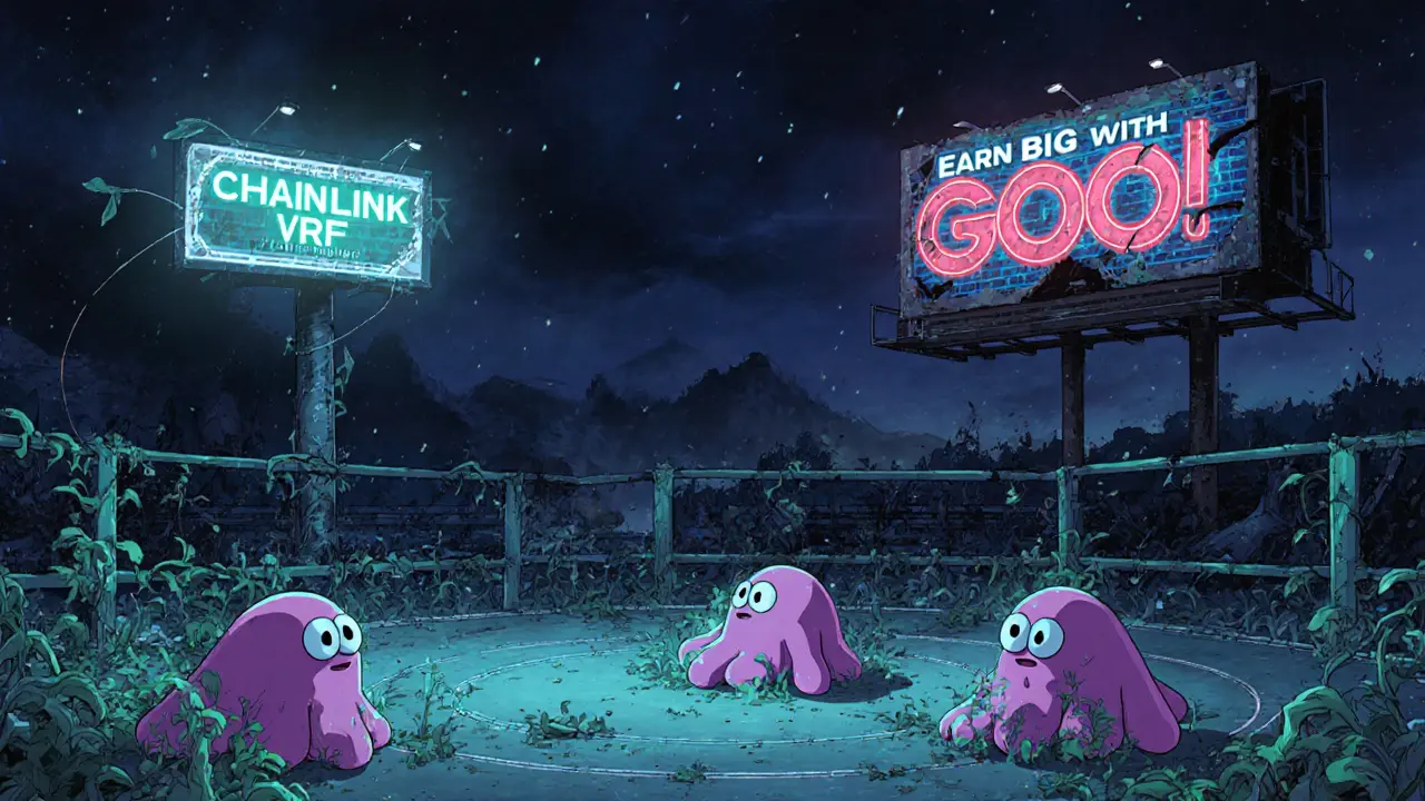 An abandoned game world with frozen Gooey characters and flickering signs, symbolizing the death of the GOO Play-To-Earn game.