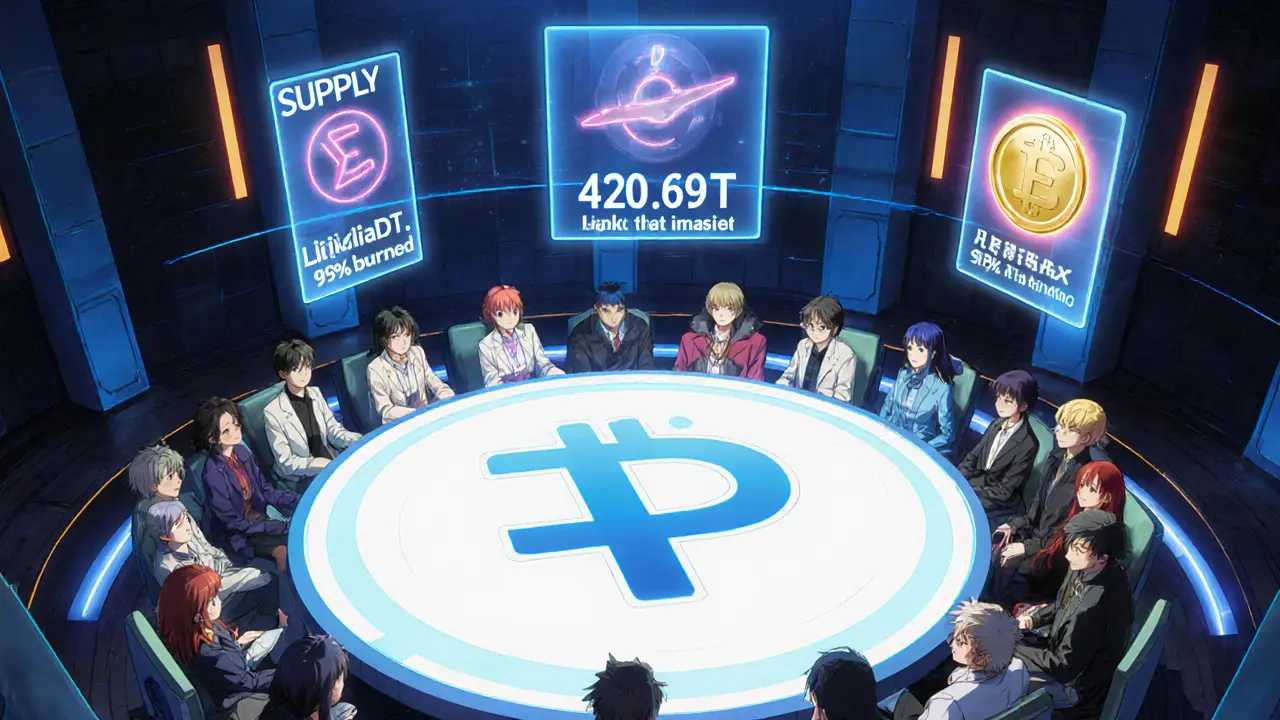 Anime avatars gather around a holographic table showing POOH tokenomics and DAO voting.