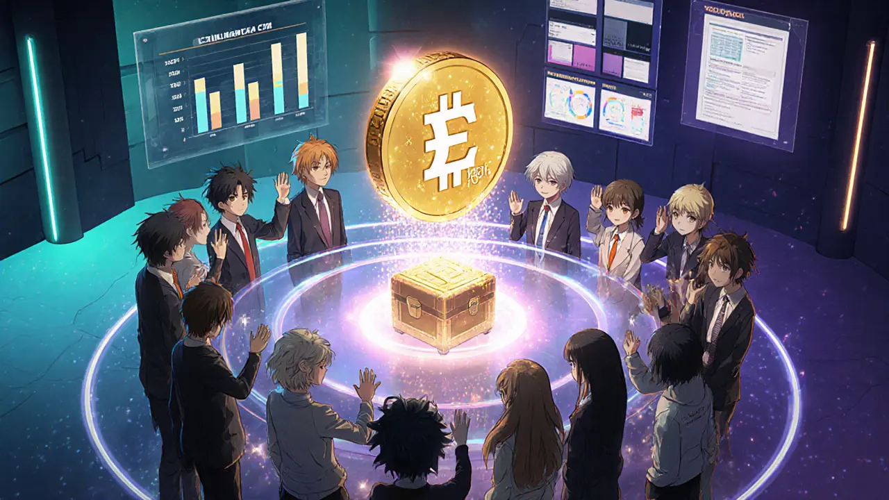 Anime avatars vote in a virtual DAO hall with EEYOR coin glowing.