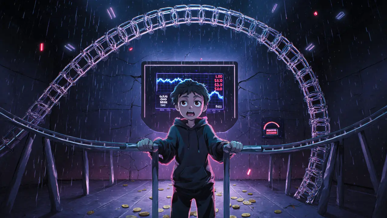 Anime character on a volatile roller coaster with falling price visuals.