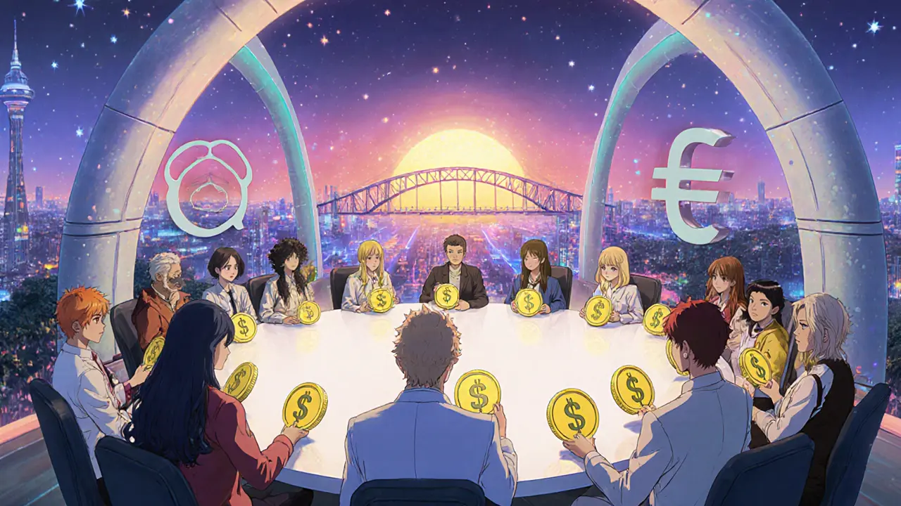 Anime council holding $SNS tokens beside a bridge linking .sol and .eth.