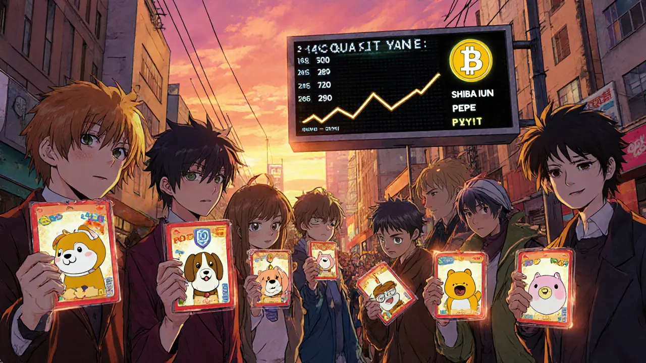 Anime crowd at NFT auction, PO OH Crew cards and market cap board.