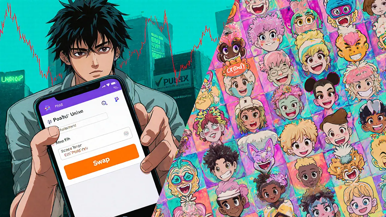 Anime protagonist swaps ETH for POOH on MetaMask while POOH Crew NFTs are displayed.