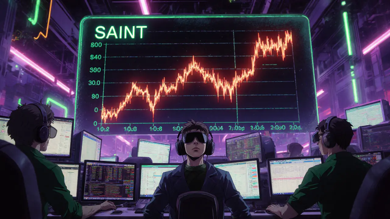 Anime-style crowded crypto exchange showing volatile SAINT price chart and nervous trader.