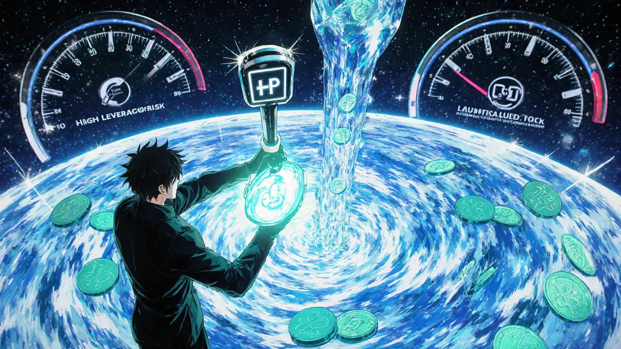 Character pulling a 20× lever, borrowing LP tokens from a glowing liquidity pool.