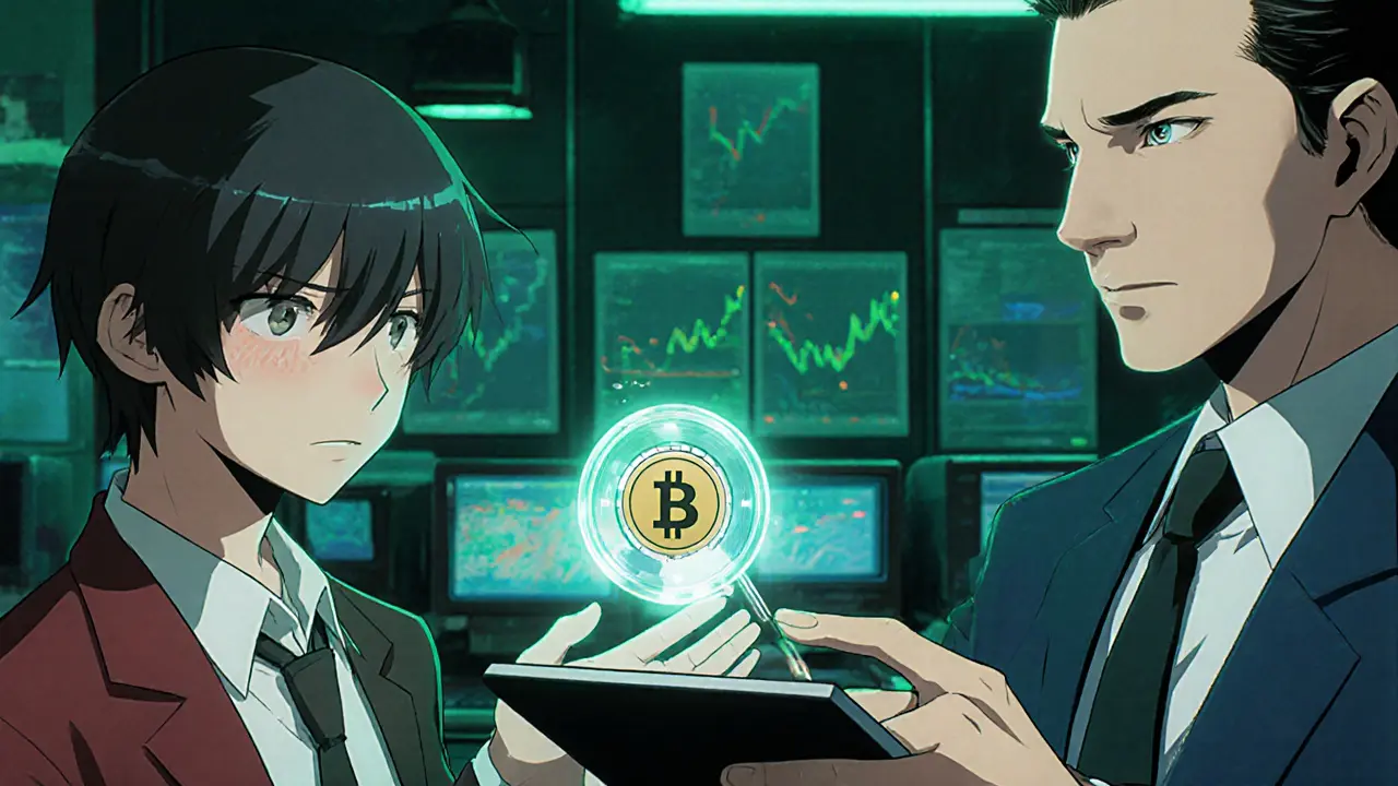 Close‑up of USDT token and CBI officer pointing at cap gauge in a neon‑lit cyber‑café.