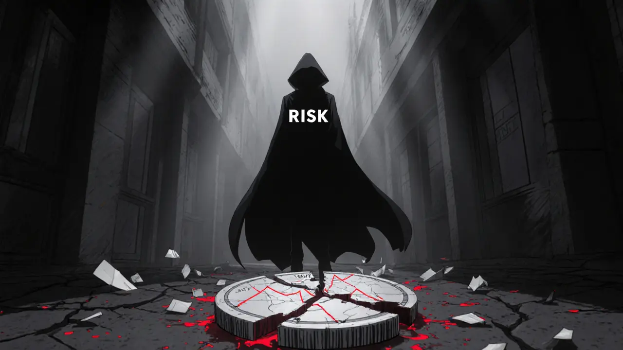 Dark anime illustration of a looming risk figure over a broken SAINT token.