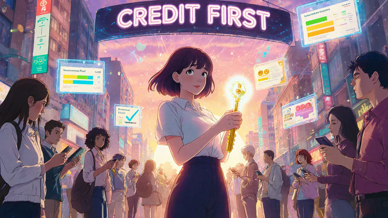 Diverse crowd in a city square accessing under‑collateralized DeFi loans on devices, with floating blockchain graphics.