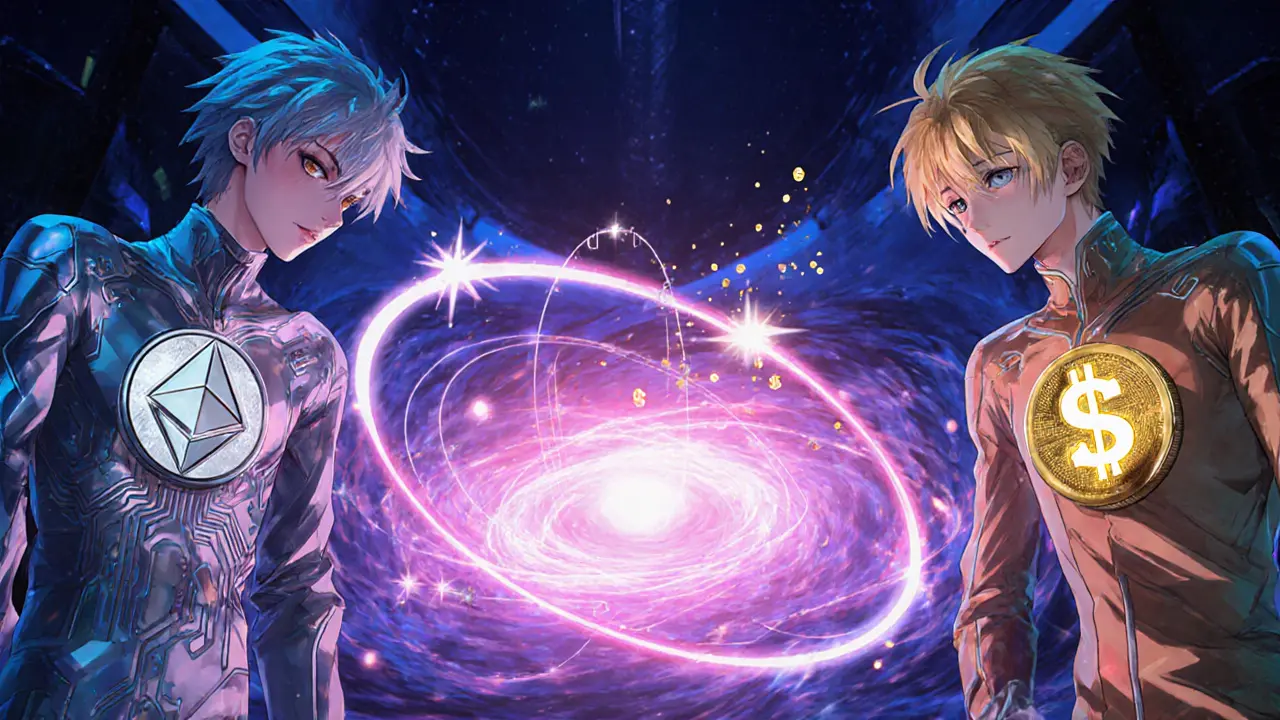 ETH and DAI anime characters swap tokens beside a glowing liquidity pool vortex.