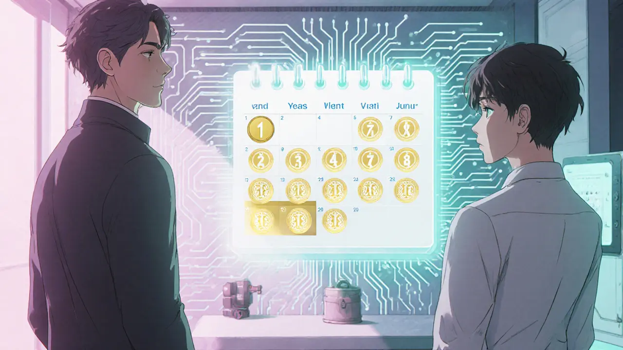 Founder and developer view a holographic calendar showing cliff and monthly vesting releases.