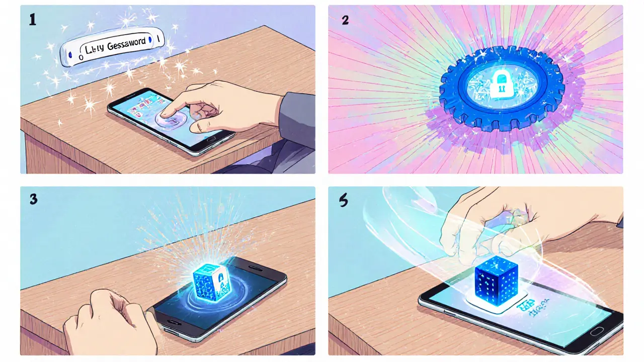 Four‑panel view of a phone generating keys, encrypting with Argon2, storing a glowing cube, then decrypting locally.