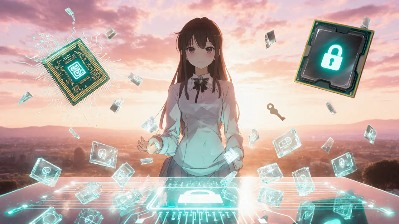 Futuristic heroine with holographic shards, circuit fragments, and a lock illustrating advanced crypto security.