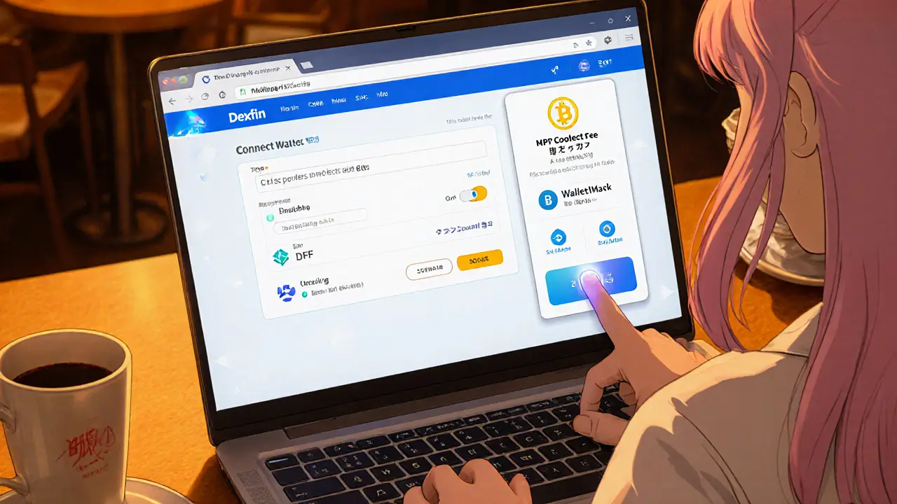 Girl taps Dexfin UI on a laptop in a cafe, showing wallet connect options and a DXF fee discount toggle.