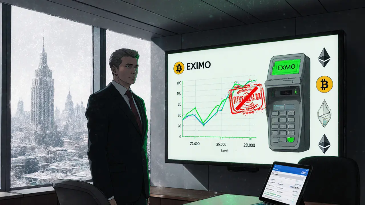 Government office with Ivan Chebeskov, crypto adoption chart, and &quot;No Payments&quot; stamp on screen.