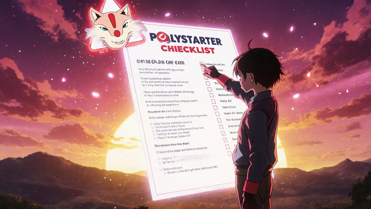 Hero checking POLYS claim checklist beside Polystarter logo with warning icon.