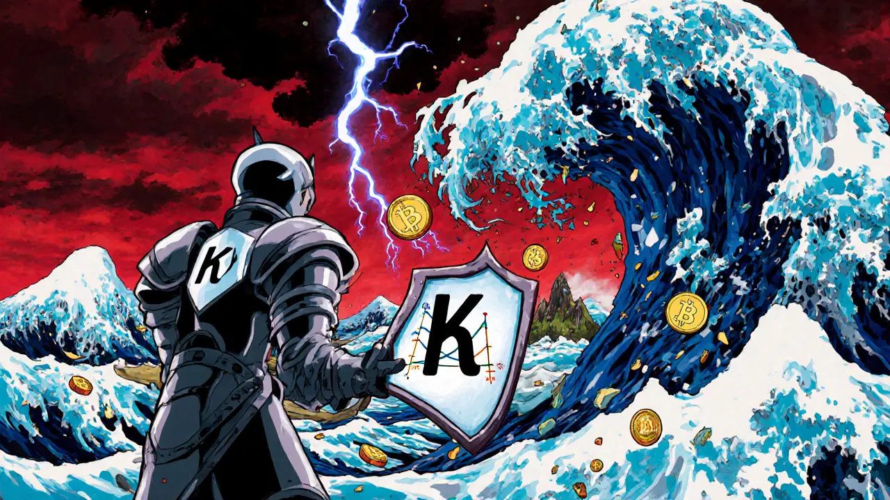 Hero with &quot;k&quot; shield faces a crashing hyperbola wave threatening a liquidity pool.