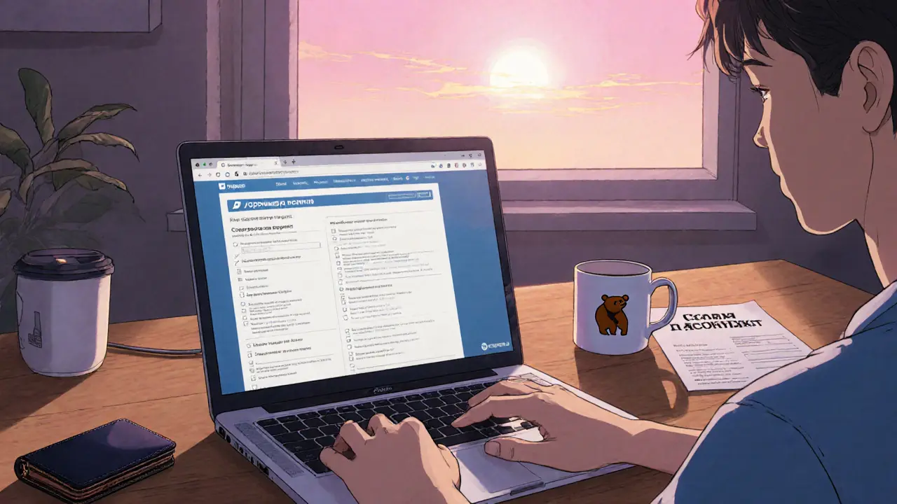 Home office with hardware wallet, laptop showing a crypto guide, and sunrise outside window.