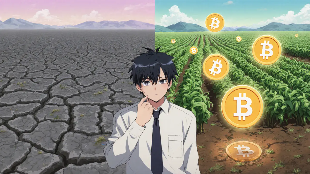 Investor at a crossroads between a barren real world and a vibrant virtual farm.