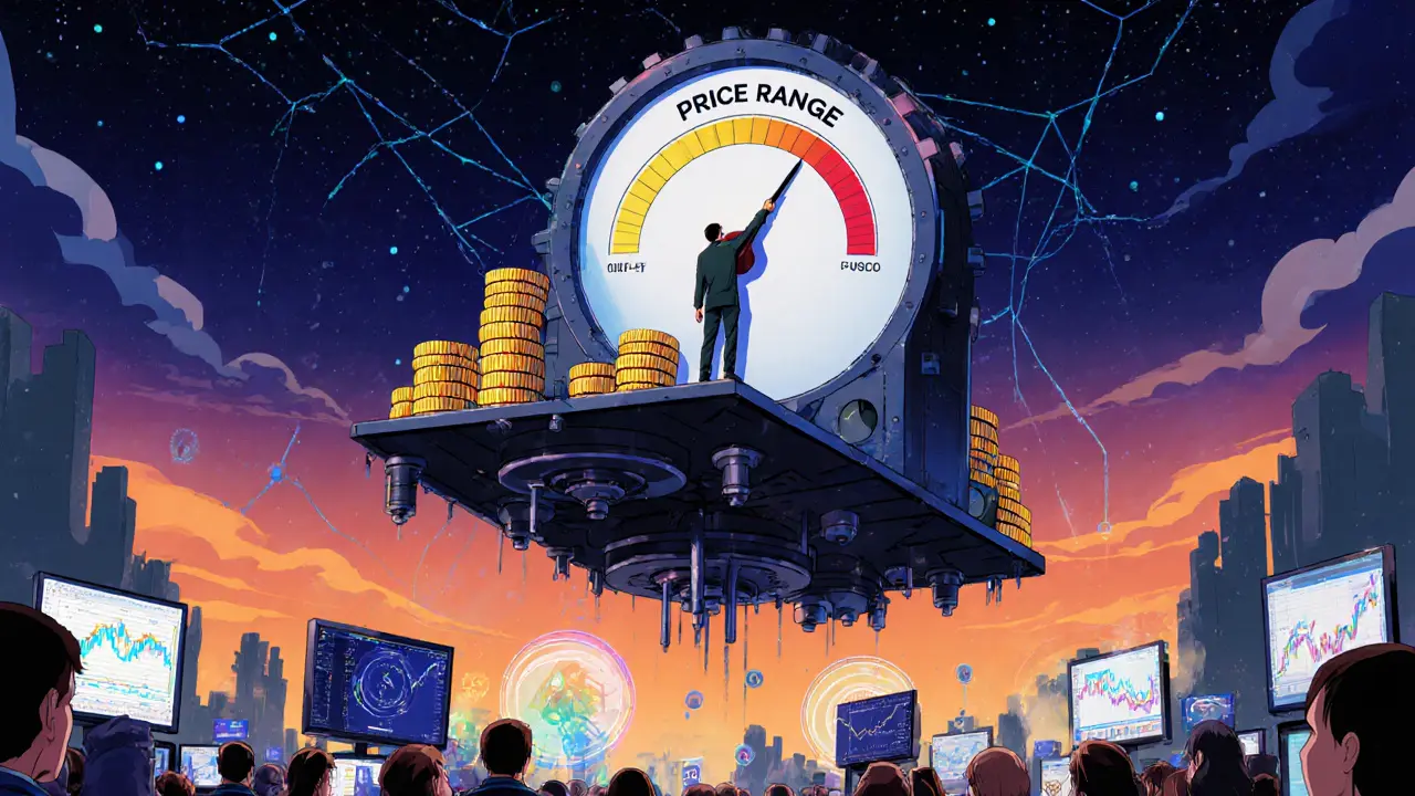 Liquidity provider adjusting a price range dial as their position flickers, with trading interfaces glowing below.