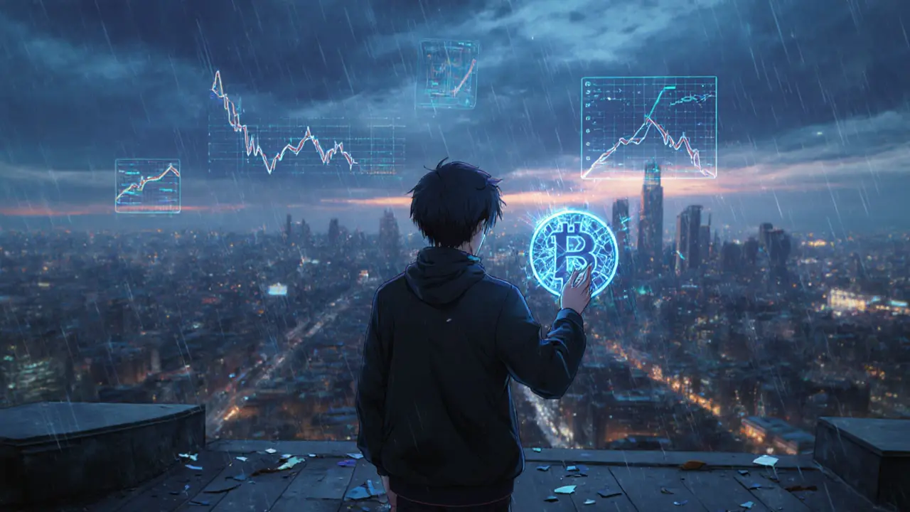 Player on rooftop holding a cracked PWAR token as fading price charts hover in the night sky.