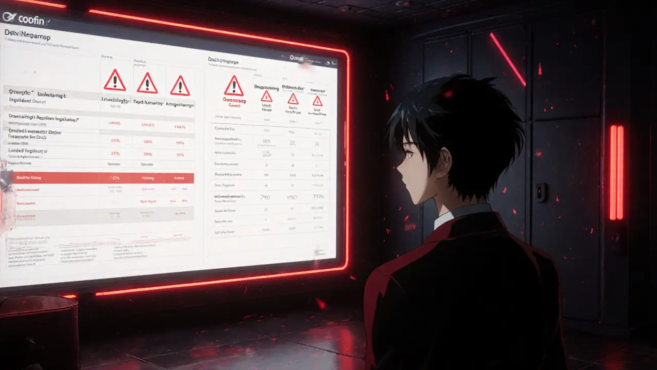 Protagonist examines holo‑display of red warning signs and a chart comparing Dexfin with major DEXs in a dark room.