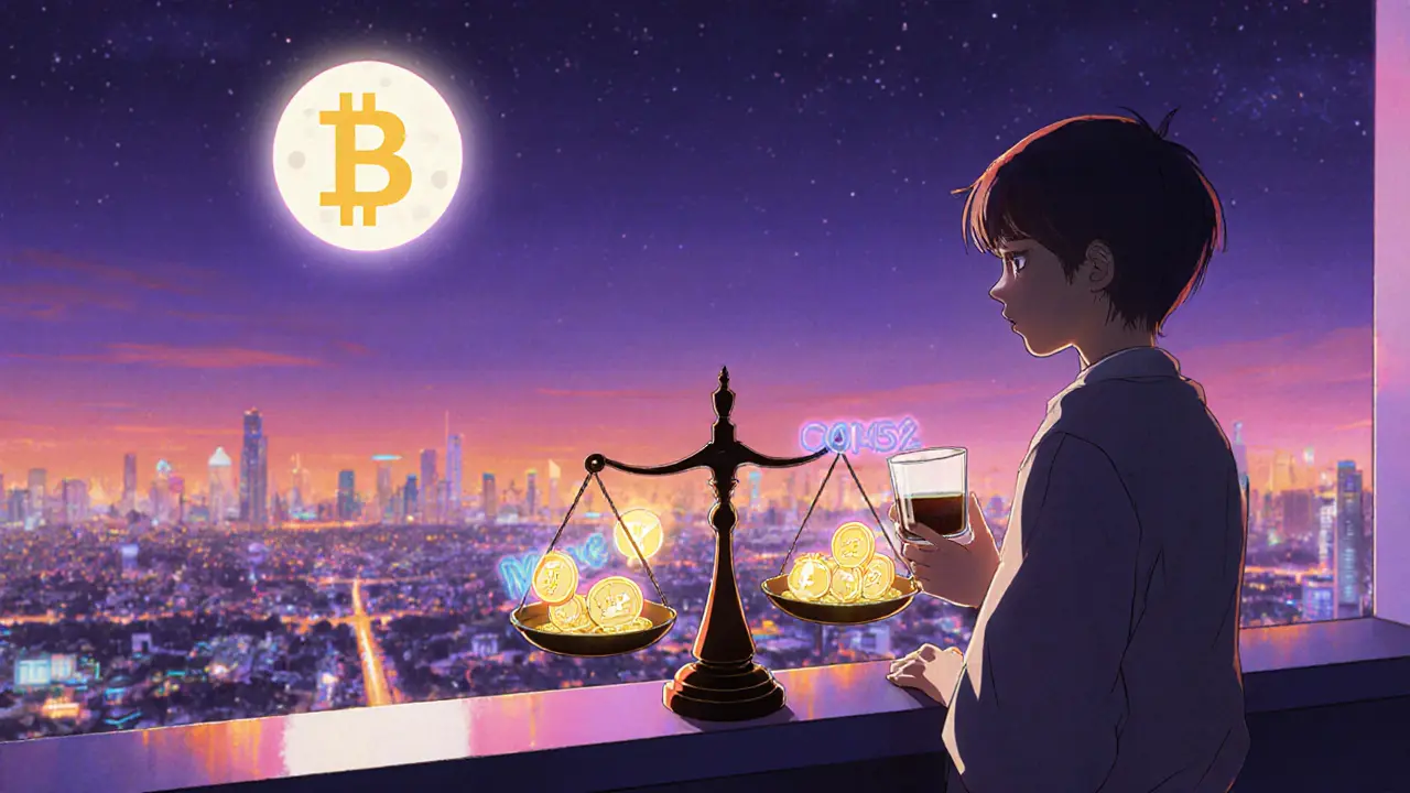 Protagonist on a rooftop with a floating TETHYS token, weighing pros and cons.