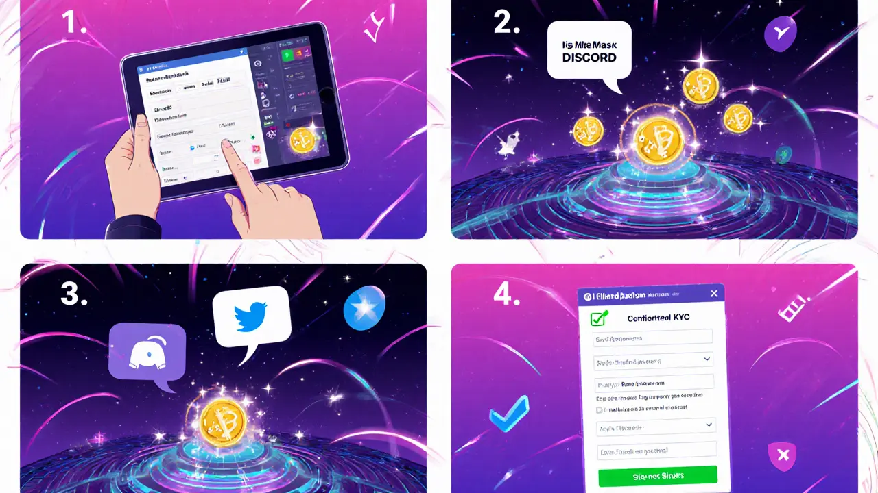 Split‑panel showing wallet setup, staking, Discord join, and KYC completion.