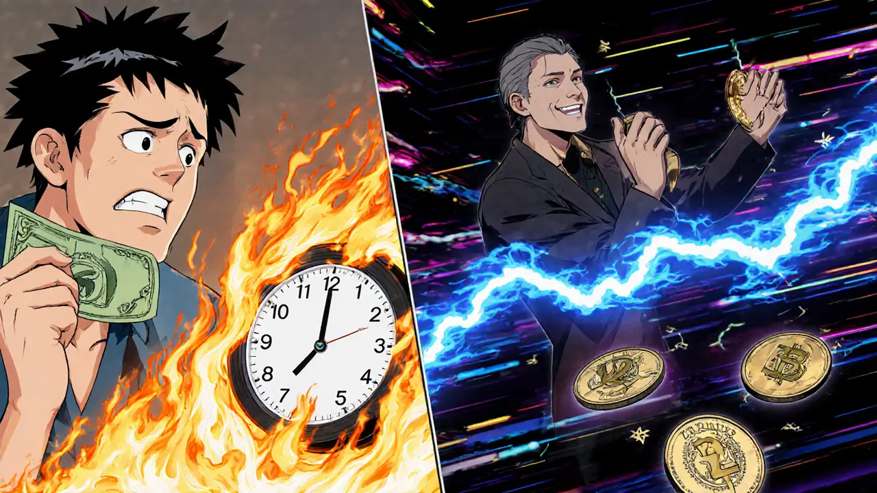 Split scene: high gas fees burning vs. a fast, low-cost ZKsync transaction with glowing proof runes.