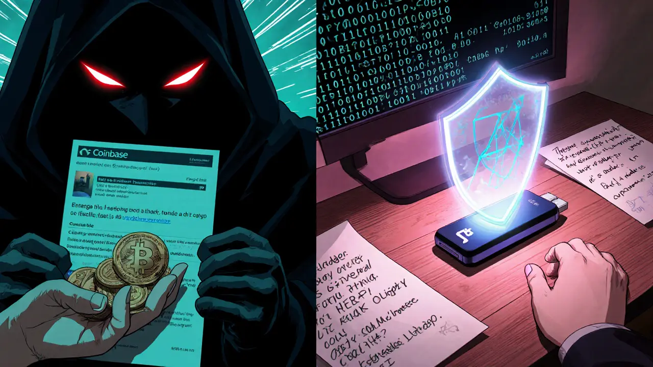 Split scene: one side shows a crypto scam, the other shows safe storage with a Ledger wallet and recovery notes.