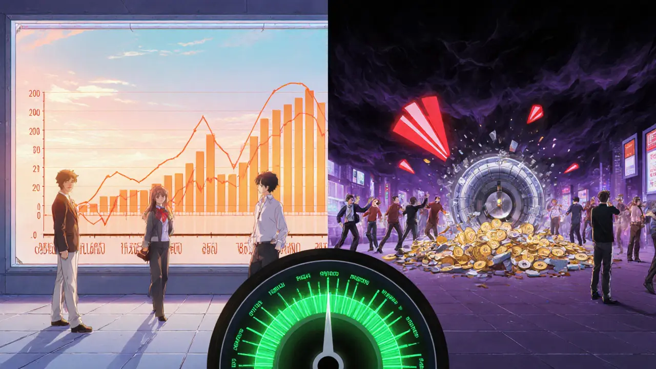 Split scene: Project A stable market versus Project B chaotic token dump, hinting at future vesting trends.