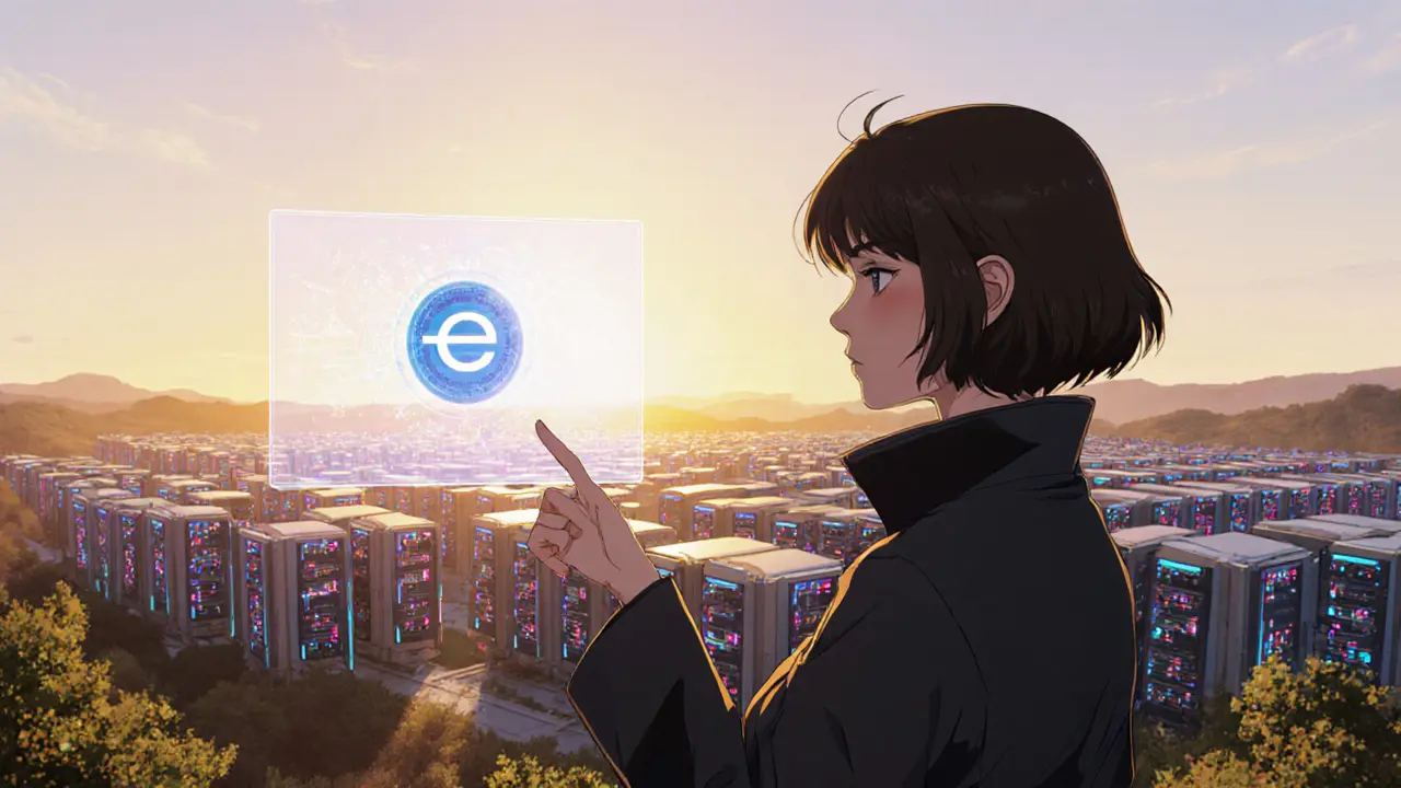 Sunrise over Kish Island mining farm with engineer displaying a holographic digital Rial.