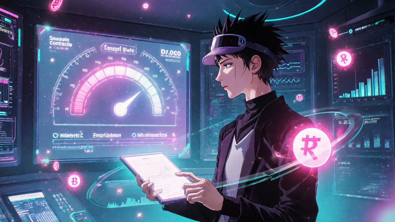 Tech character using holographic DECO oracle to verify income and credit score in a futuristic room.