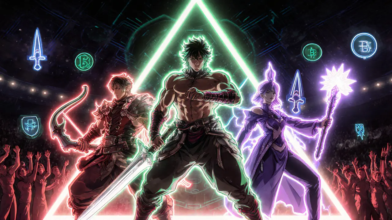 Three anime characters—Warrior, Archer, Magician—posed with glowing NFT weapons in a battle arena.