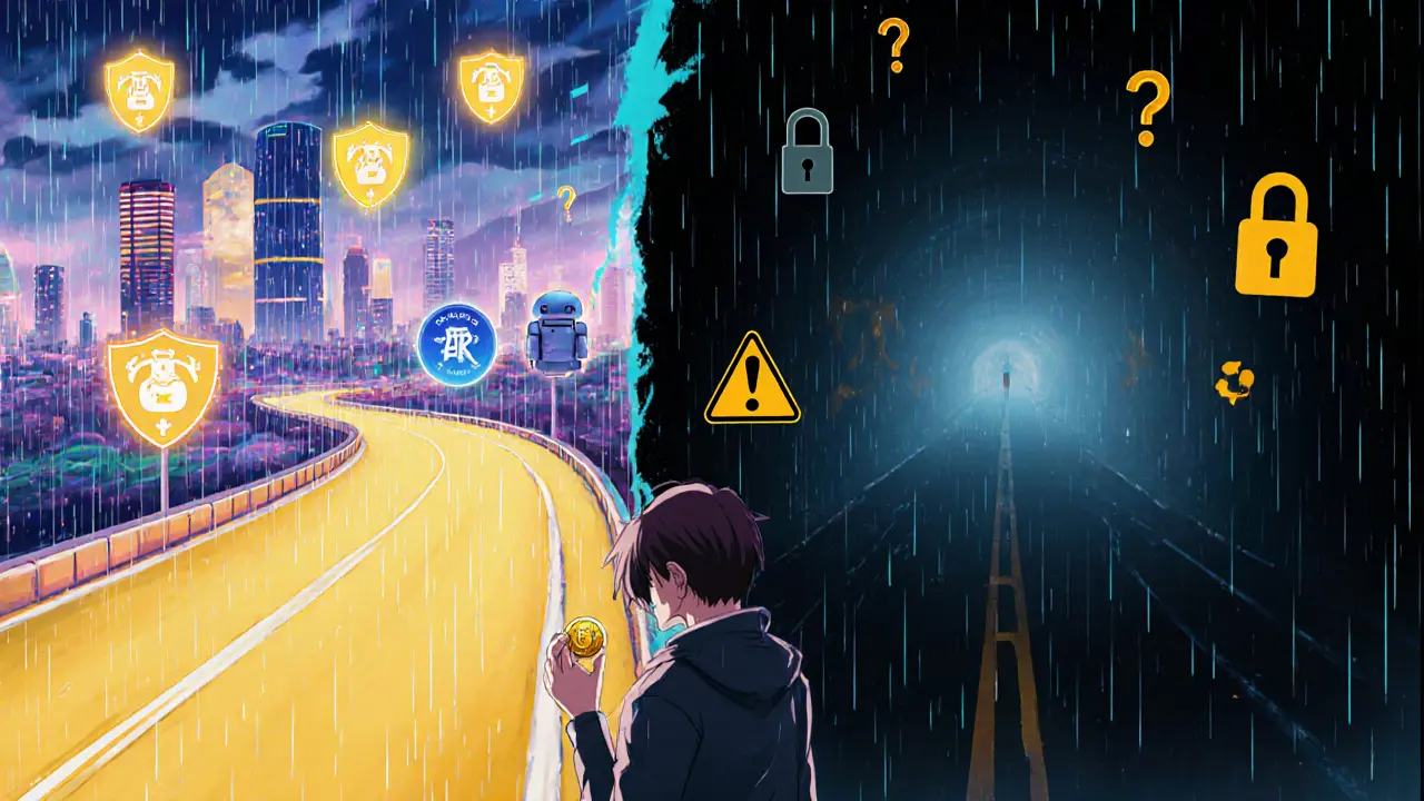 Trader at a cyber crossroads chooses between a secure city and a dark tunnel, representing AIA&#039;s risks.